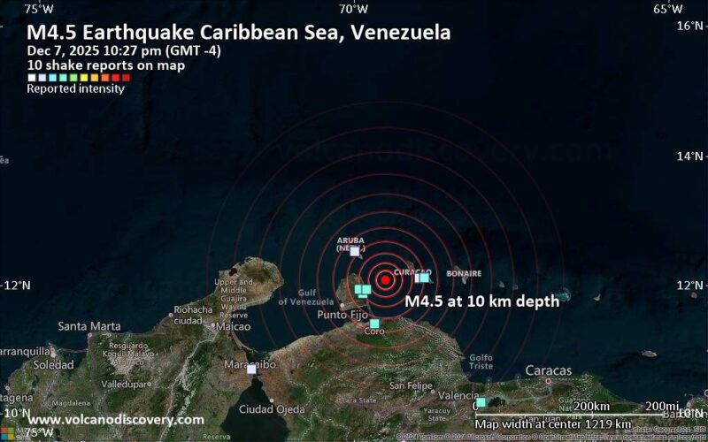 Aardbeving geregistreerd met kracht van 4.5 op de schaal van Richter tussen Aruba en Curaçao